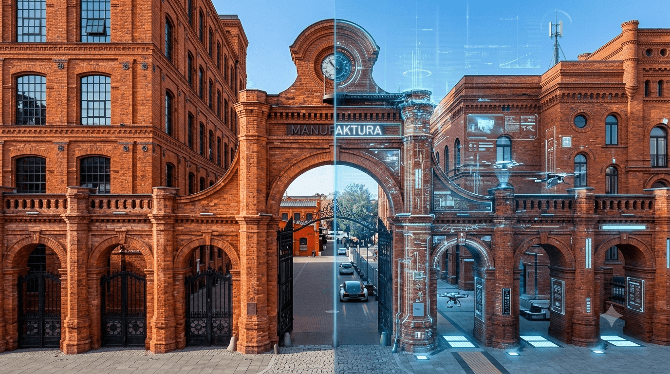 The Manufaktura gate in Łódź — historic brick architecture on the left, the same gate in a digital, futuristic version on the right